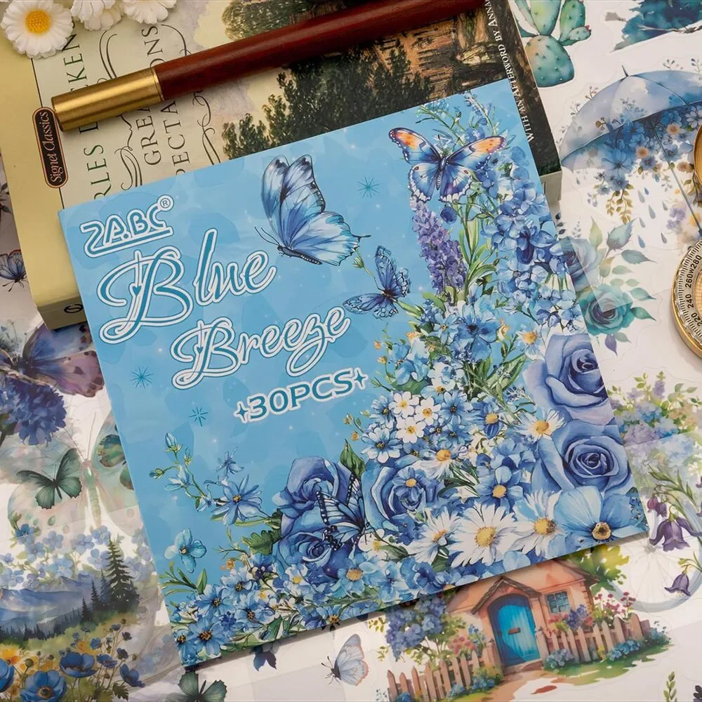 Blue Butterfly Scrapbooking Stickers Junk Journal PET Vintage Floral 30 Sheets
